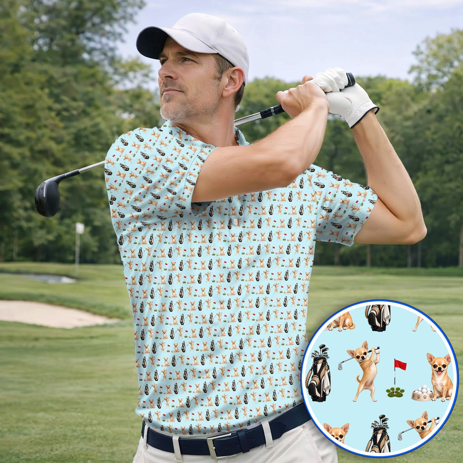 Chihuahua Golf Shirt, Cute Chihuahua Golf Pattern Polos for Dog Lovers, Funny Golf Gift For Golfer
