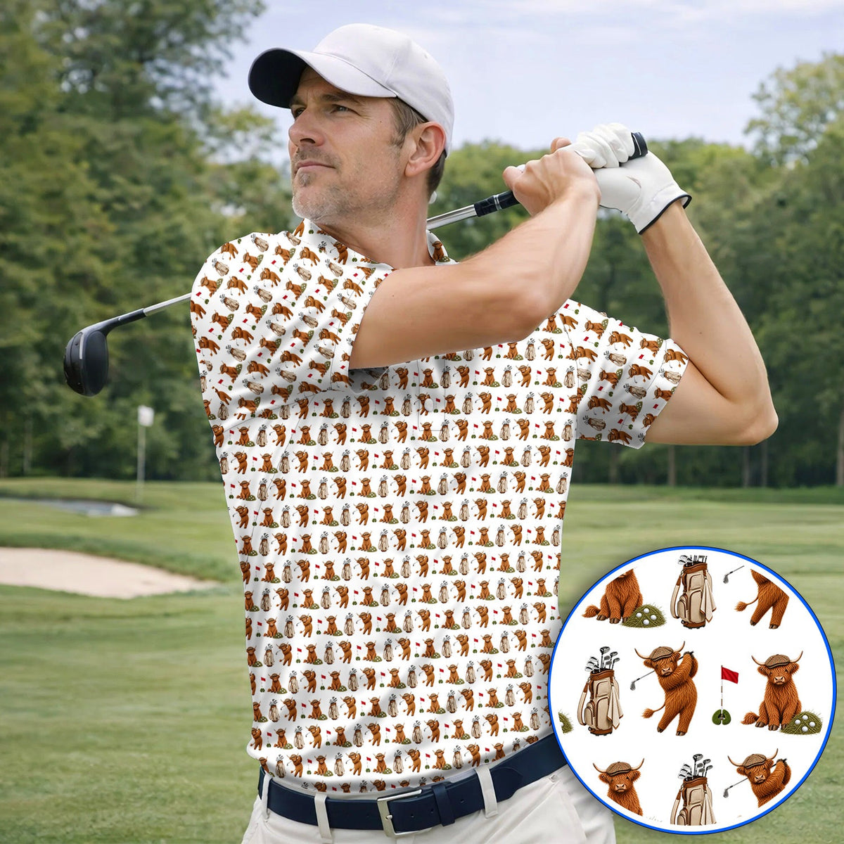 Funny Highland Cow Golf Polos, Highland Cow Pattern Golf Shirt, Golf Gift For Golfer