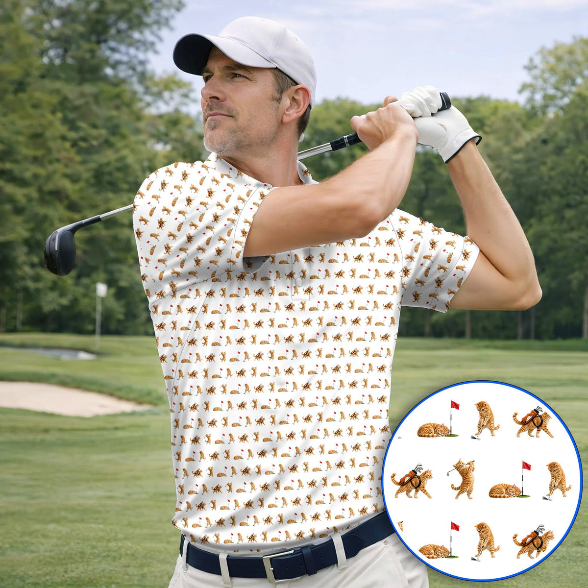 Orange Tabby Cat Golf Shirt, Funny Ginger Cat Golf Pattern Polos, Unique Golf Gift For Cat Lovers