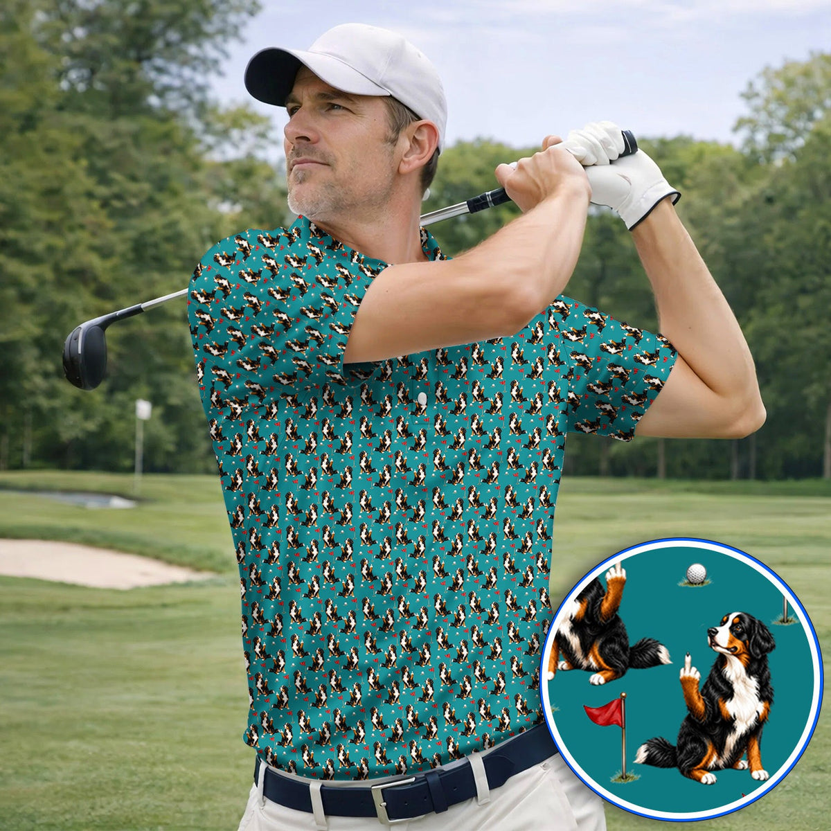 Bernese Mountain Dog Golf Pattern Polos, Bernese Golf Shirt, Funny Dog Lover Golf Gift