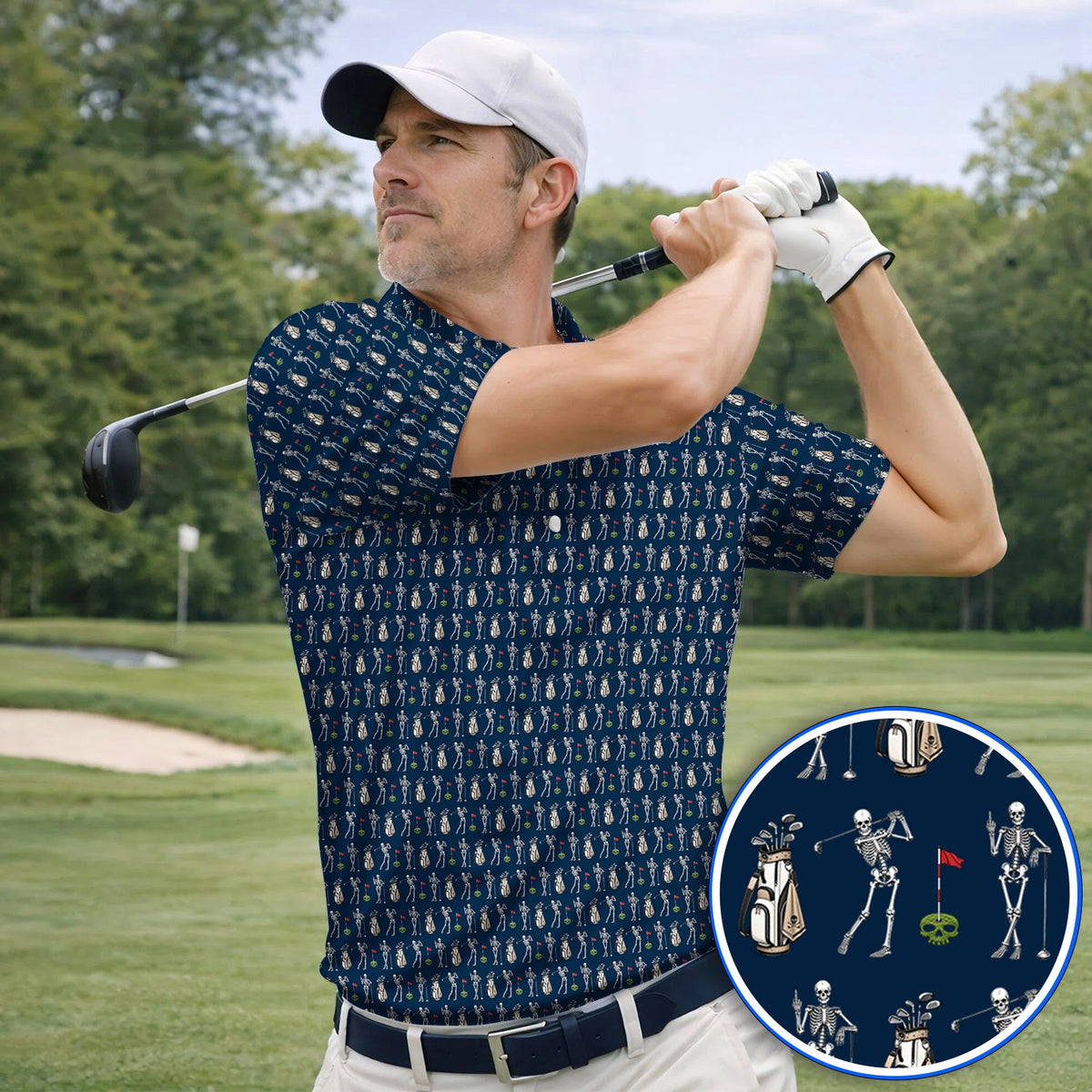 Skeleton Pattern Golf Polos, Funny Skeleton Golf Shirt, Golf Gift For Golfer