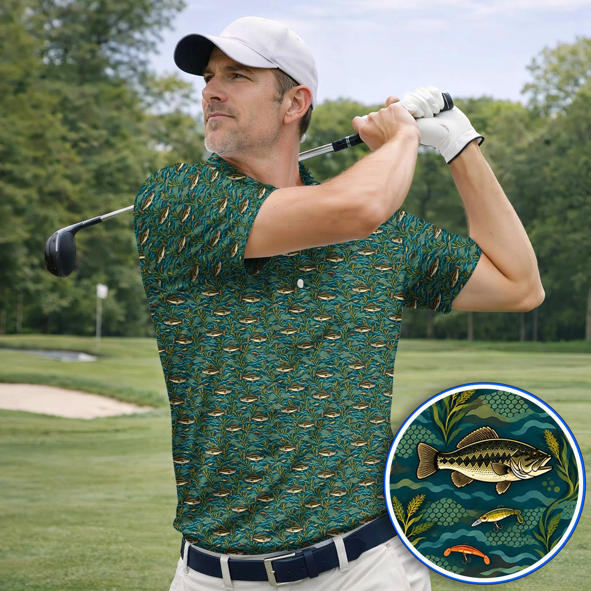Crazy Bass Fishing Golf Shirt, Fishing Bass & Rod Pattern Golf Polos, Golf Gift For Golfers