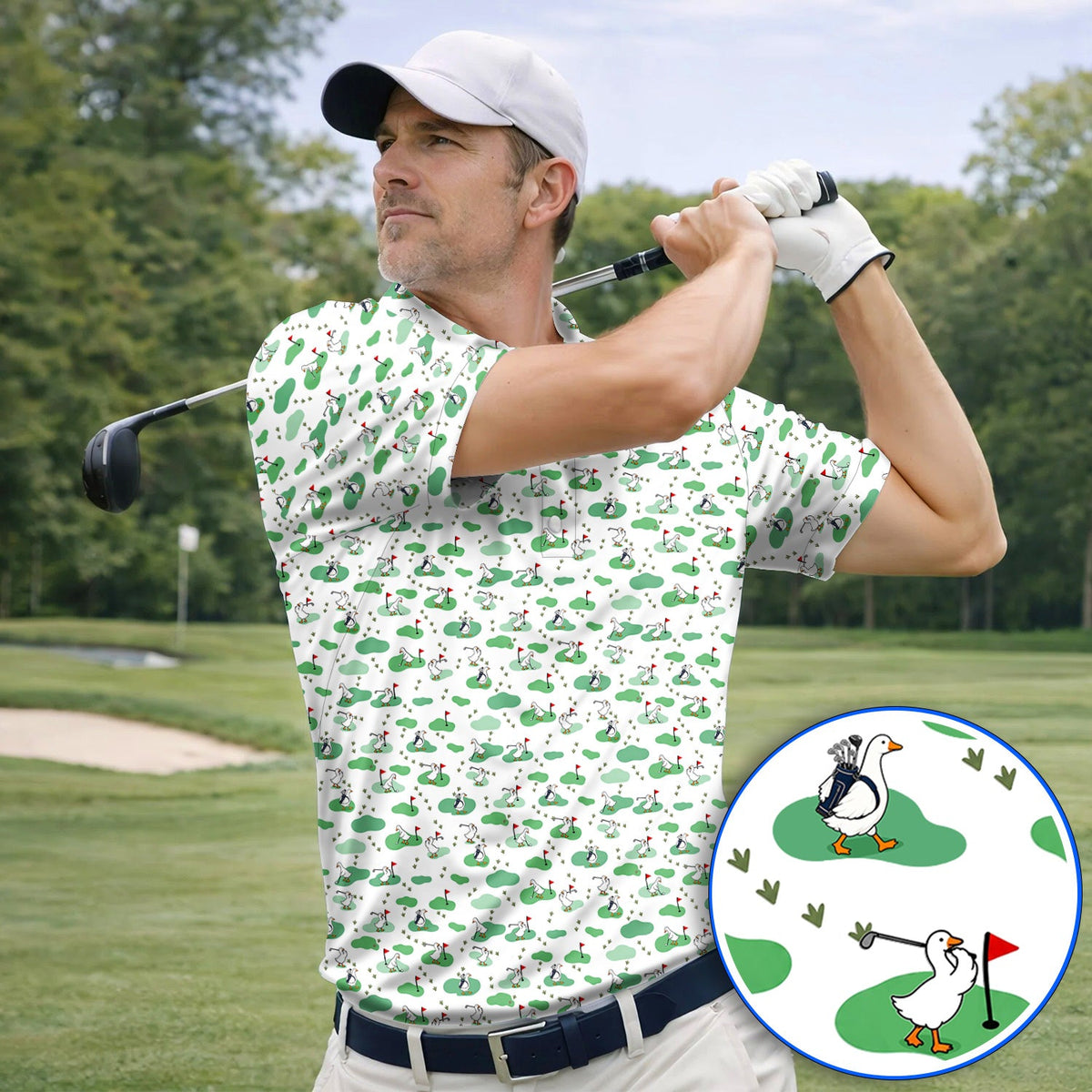 Funny Goose Golf Polos, Playful Golfing Goose Pattern Golf Shirt, Golf Gift For Golfers