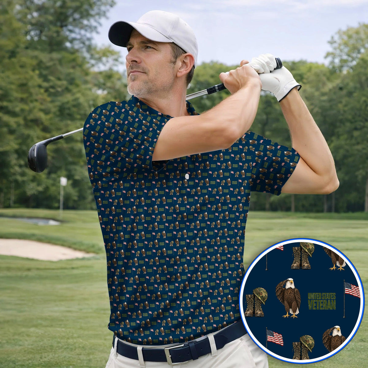 United States Veteran Pattern Golf Shirt, American Eagle & Military Tribute Golf Polos, Patriotic USA Veteran Gift for Golfers