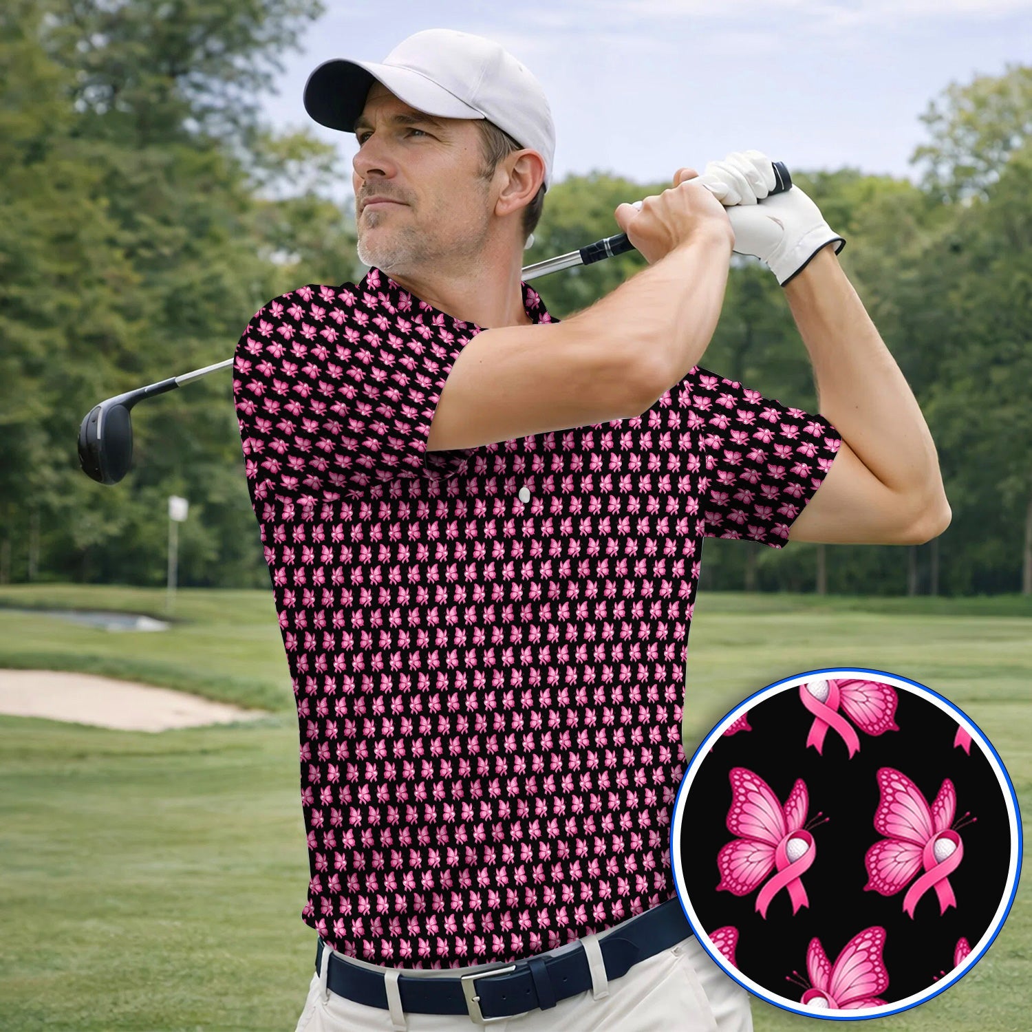 Breast Cancer Awareness Golf Polos, Pink Ribbon Butterfly Golf Shirt for Golf Lovers, Support Cancer Awareness Golf Gift