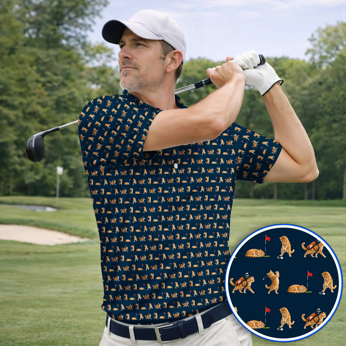 Orange Tabby Cat Golf Shirt, Funny Ginger Cat Golf Pattern Polos, Unique Golf Gift For Cat Lovers