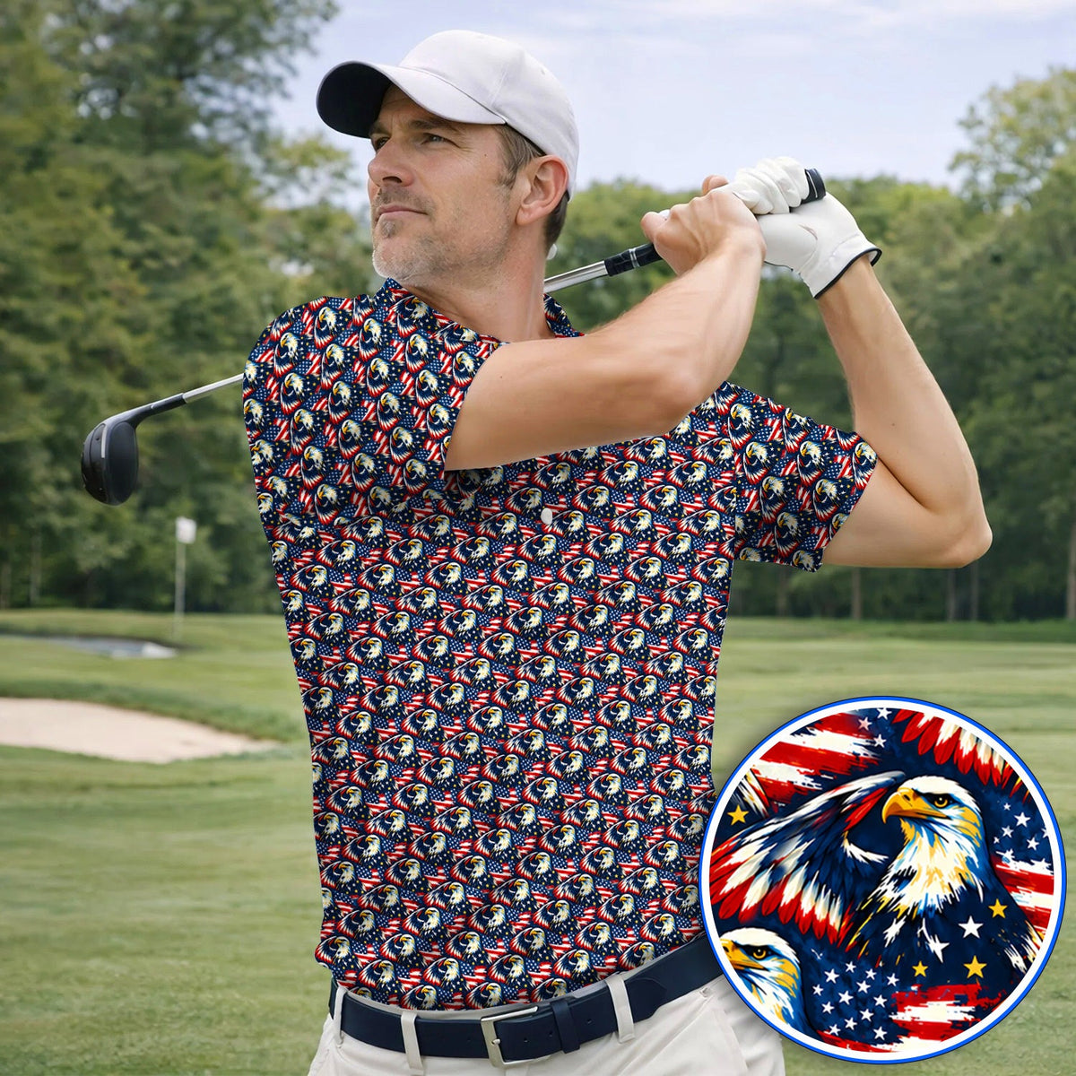 Veteran Bald Eagle Golf Polos, American Flag Patriotic Pattern Golf Shirt, USA Military Golf Gift for Veterans