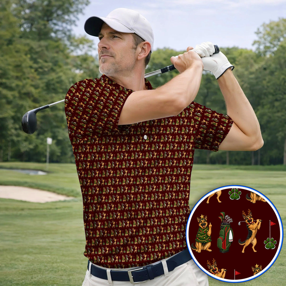 German Shepherd Christmas Golf Shirt, German Shepherd Pattern Golf Polos, Xmas Golf Gift For Golfer