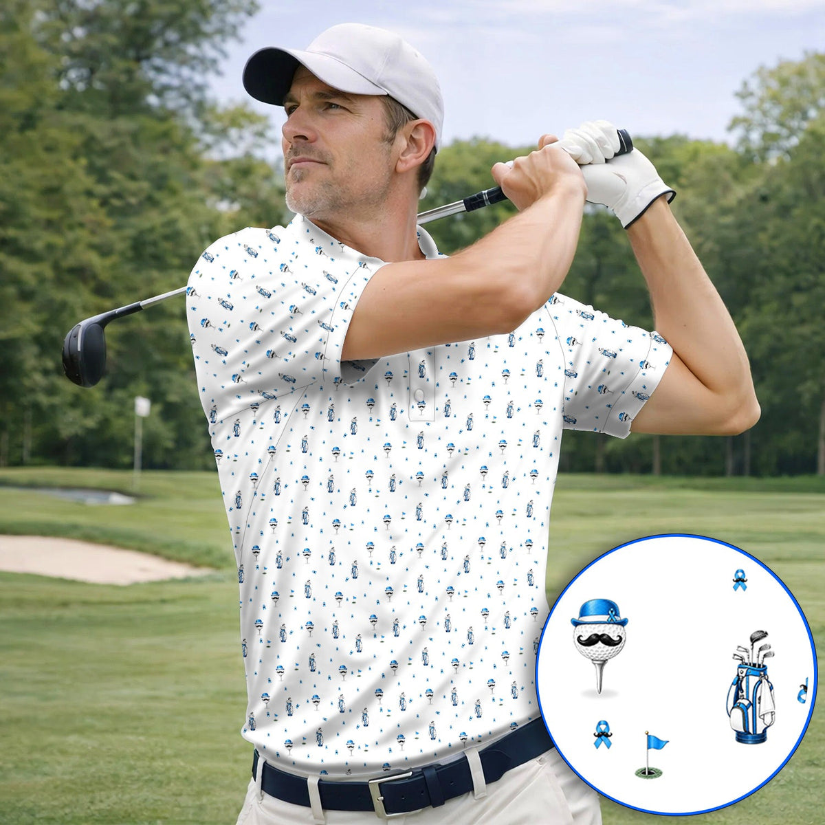 Blue Ribbon Golf Shirt, Prostate Cancer Awareness Golf Polos, Golf Gift for Golfer