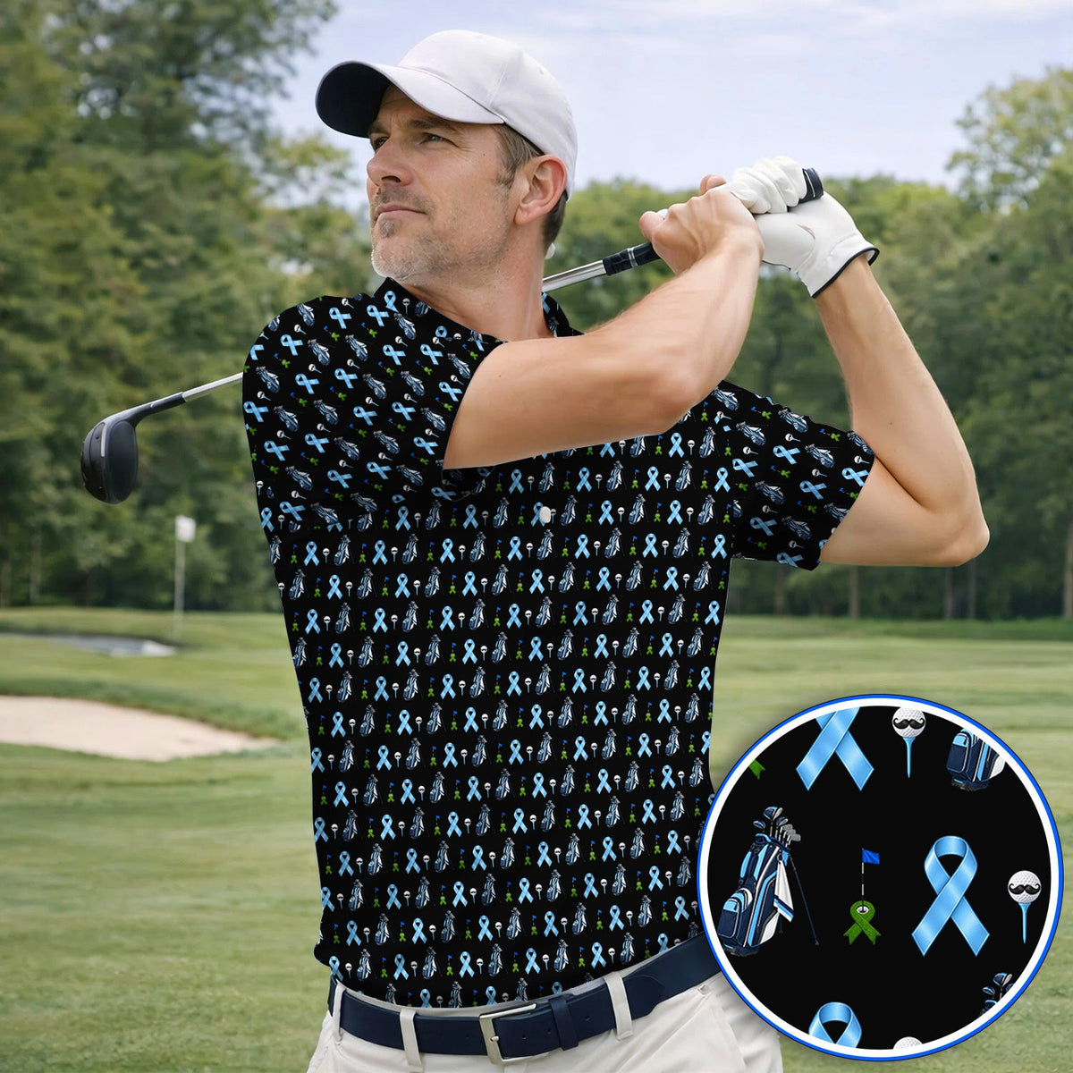 Prostate Cancer Awareness Golf Polos, Blue Ribbon Golf Pattern Shirt, Prostate Cancer Support Gift for Golfers
