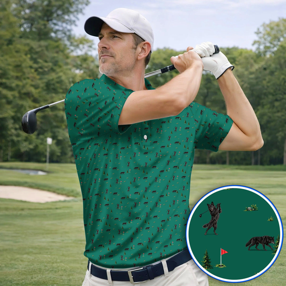 Black Wolf Pattern Golf Polos, Crazy Wolf Golf Shirt, Wilderness Golf Gift for Golfers