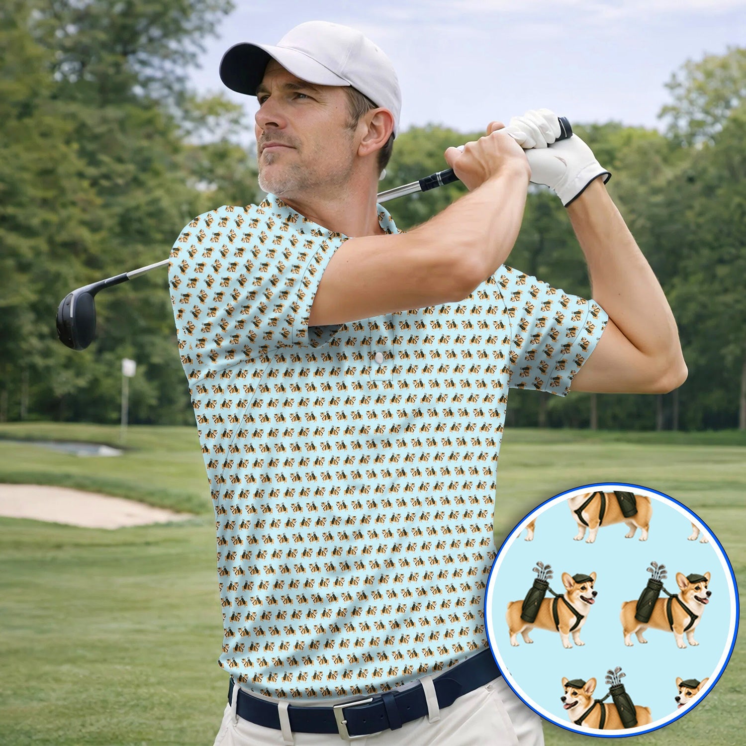 Funny Corgi Golf Polos For Golfer, Corgi Pattern Golf Shirt, Dog Lover Golf Gift