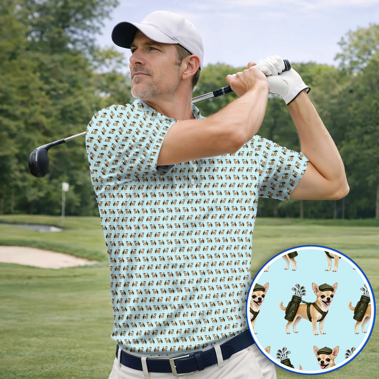 Crazy Chihuahua Golf Shirt, Cute Chihuahua Golf Pattern Polos for Dog Lovers, Golf Gift For Golfer