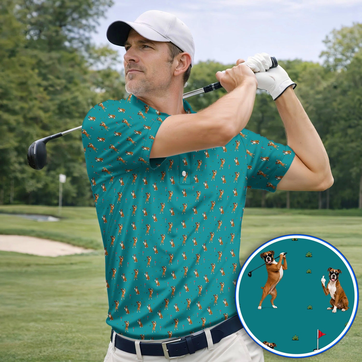 Funny Boxer Golf Swing Shirt, Boxer Golf Pattern Golf Polos for Dog Lovers, Golf Gift For Golfer