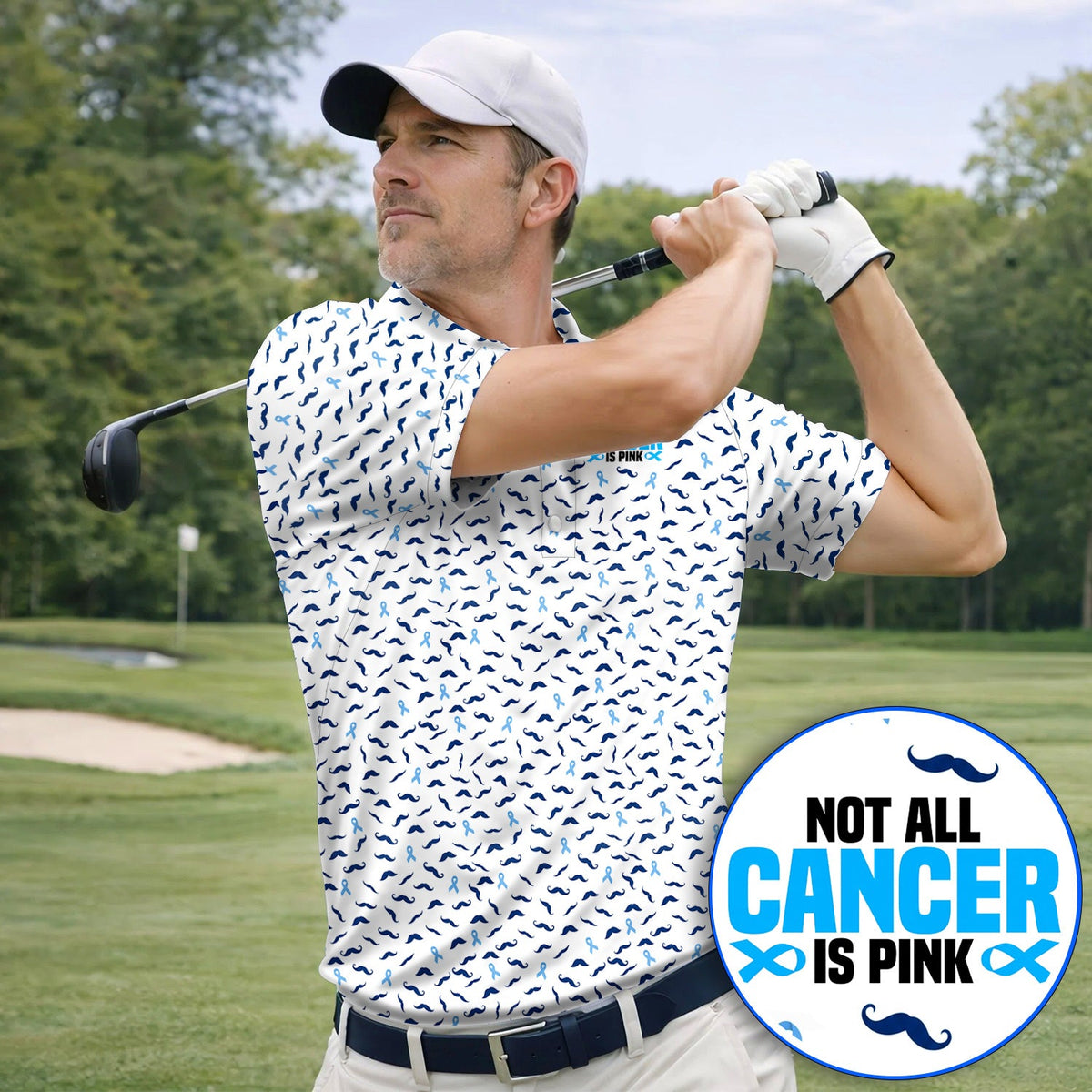 Prostate Cancer Awareness Golf Shirt, Blue Ribbon Mustache Pattern Golf Polos, Support Gift for Golfers