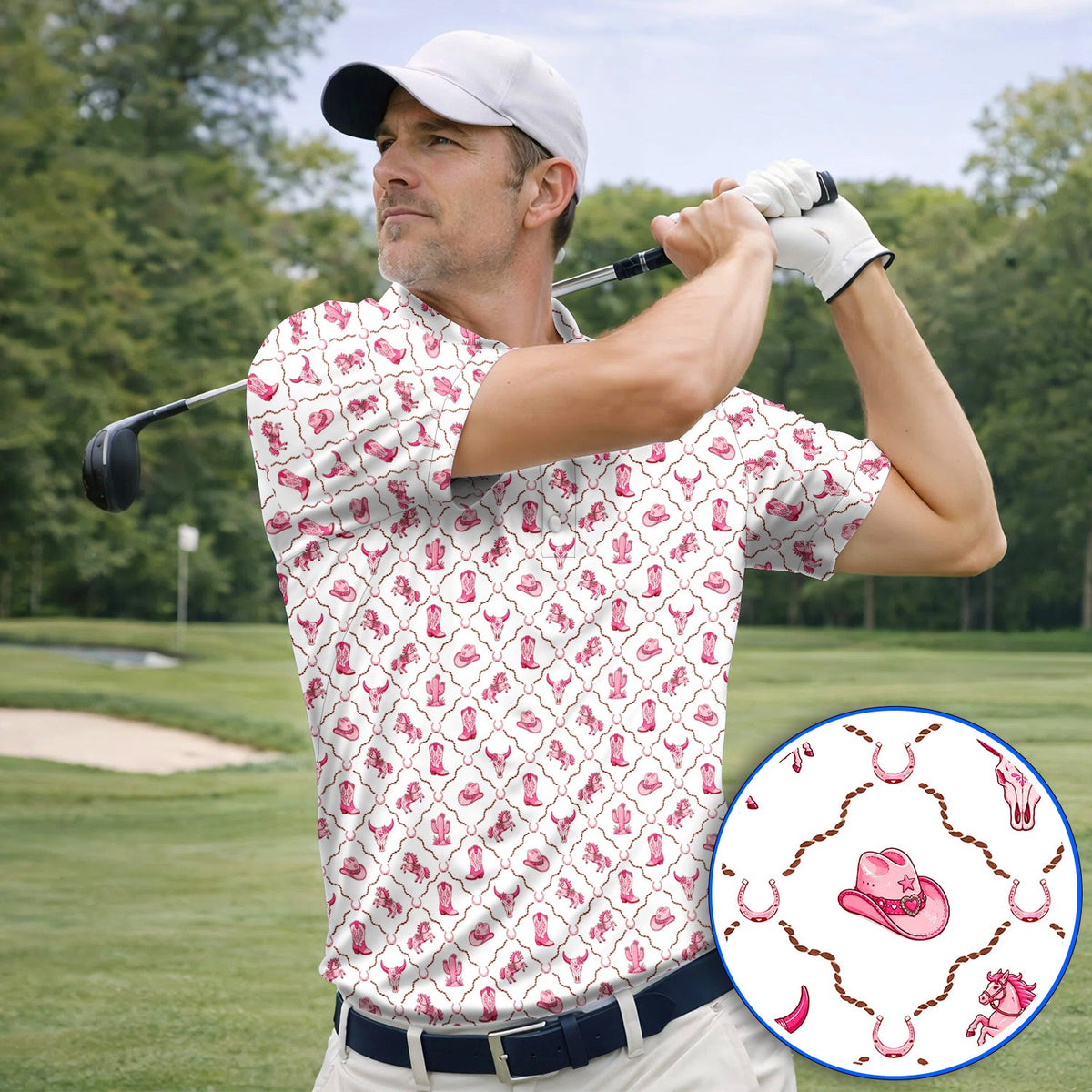 Pink Cowgirl Golf Shirt, Western Rodeo Pattern Golf Polos, Funny Golf Gift For Golfers