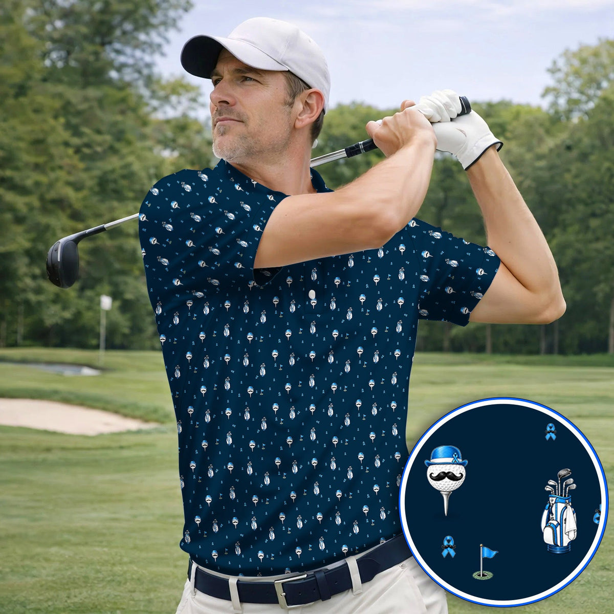 Blue Ribbon Golf Shirt, Prostate Cancer Awareness Golf Polos, Golf Gift for Golfer