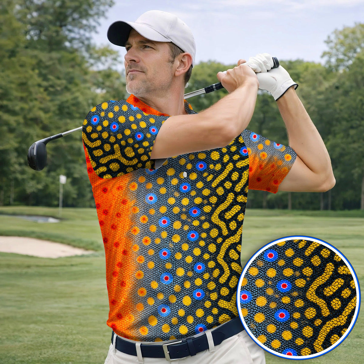 Brook Trout Skin Golf Polos, Vibrant Orange Spotted Fish Scale Pattern Golf Shirt, Crazy Golf Gift For Golfers