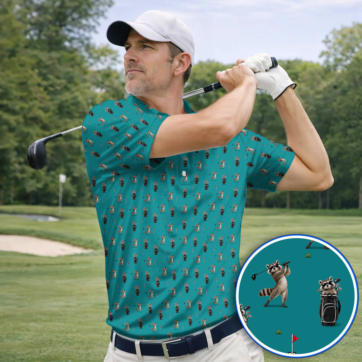 Raccoon Golf Polos, Funny Raccoon Golf Pattern Shirt, Cute Golf Animal Gift For Golf Lovers
