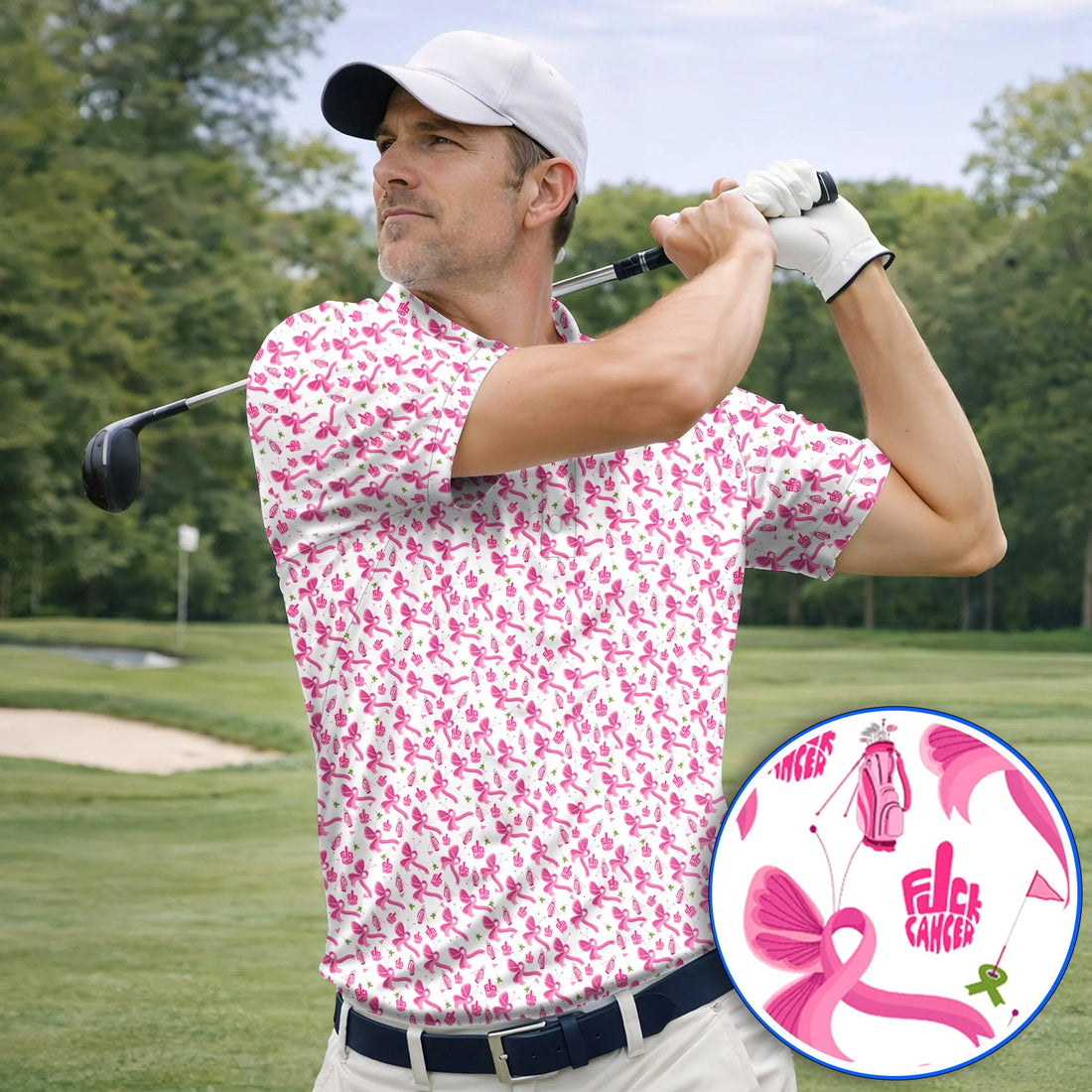 Fight With Every Swing Breast Cancer Awareness Golf Polos, Pink Ribbon & Golf Pattern Shirt, Support Gift for Golfers