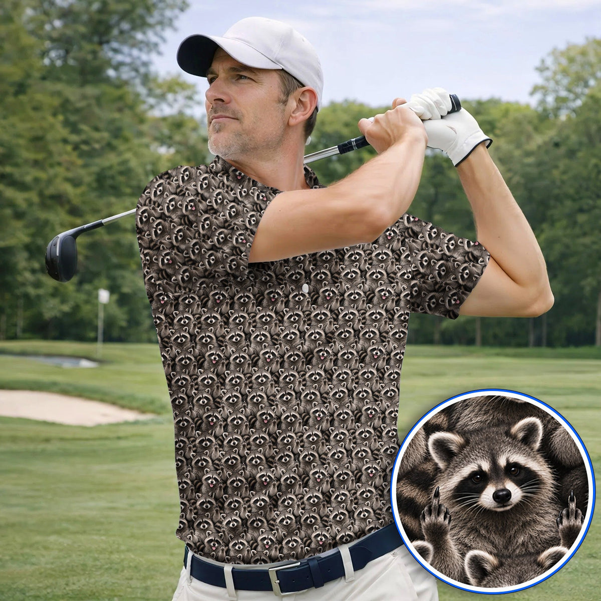 Raccoon Golf Pattern Polos, Crazy Raccoon Golf Shirt, Golf Gift for Golfer