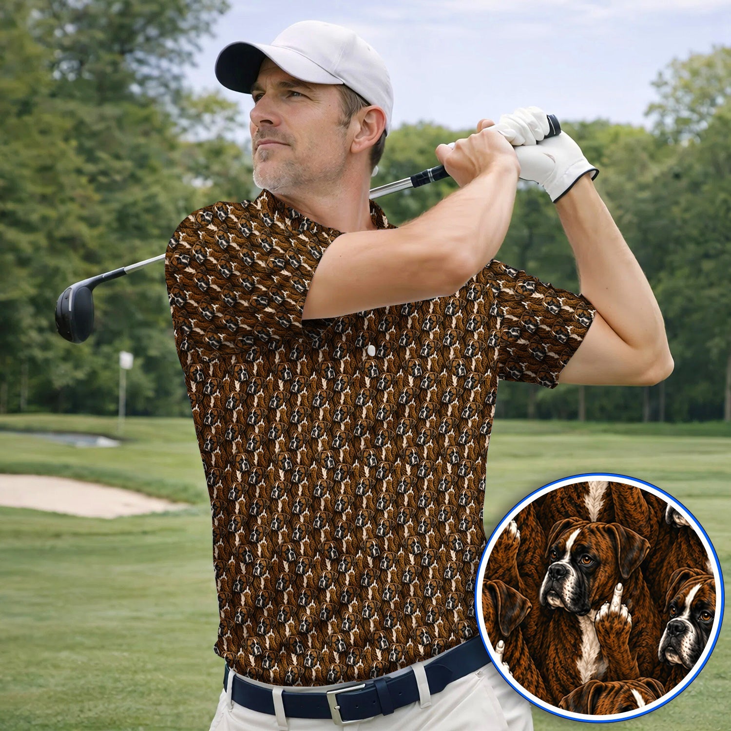 Boxer Middle Finger Golf Polos, Funny Boxer Pattern Golf Shirt for Golfer, Golf Gift for Dog Lovers