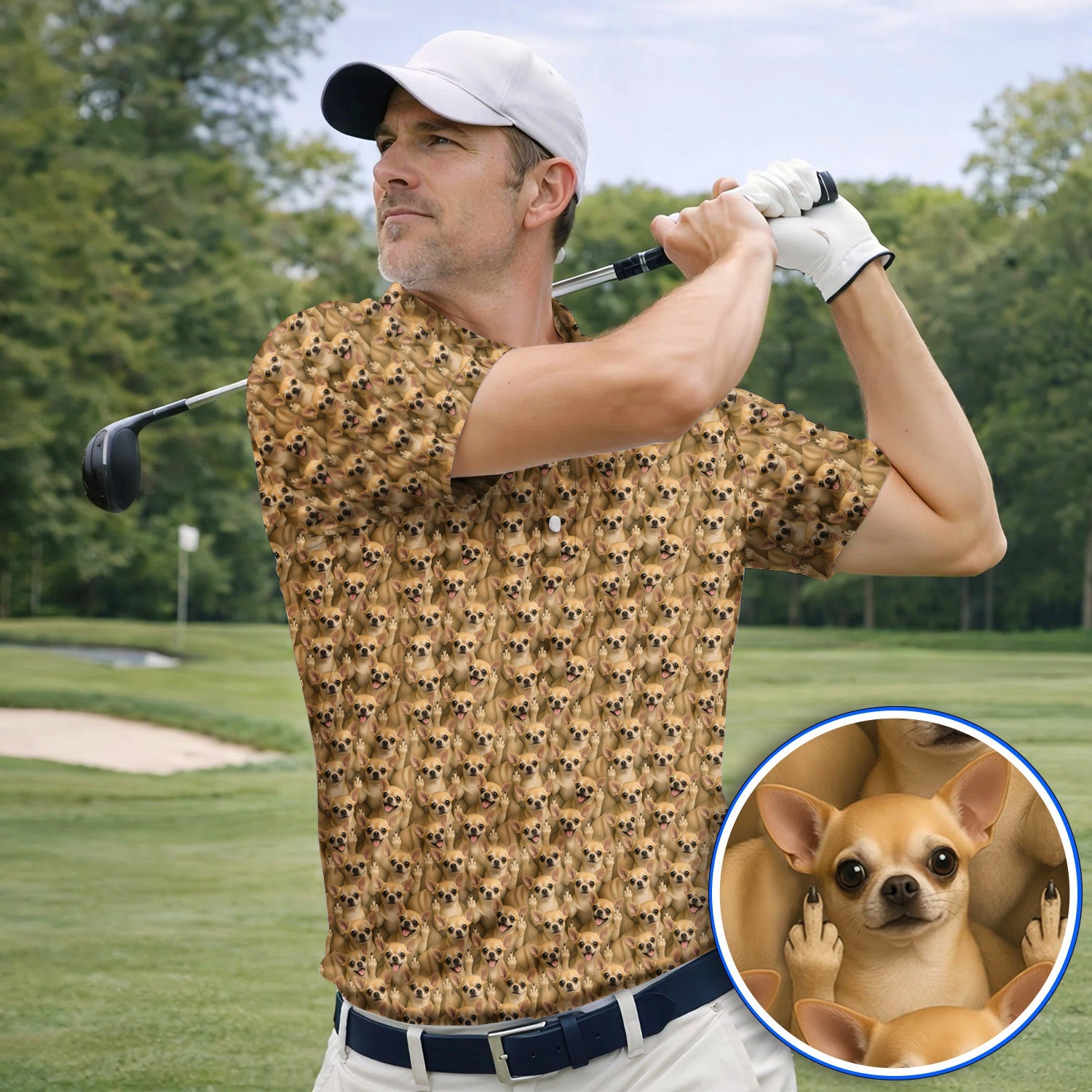 Chihuahua Middle Finger Golf Polos, Funny Chihuahua Pattern Golf Shirt for Dog Lovers, Golf Gift For Golfer