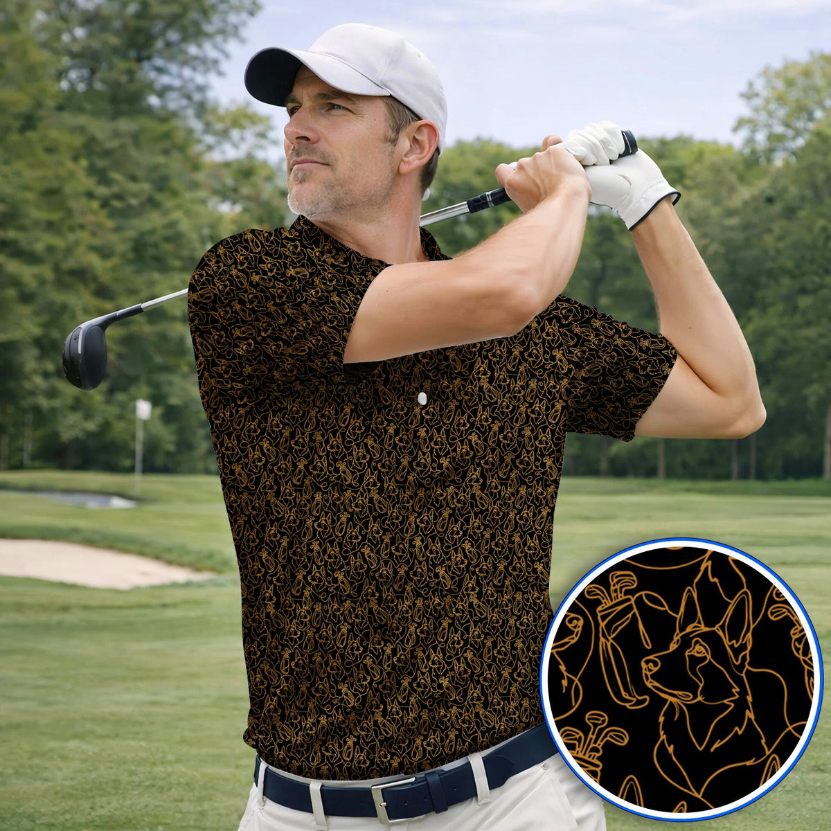 German Shepherd Line Art Golf Shirt, Crazy German Pattern Golf Shirt, Golf Gift For Golfers