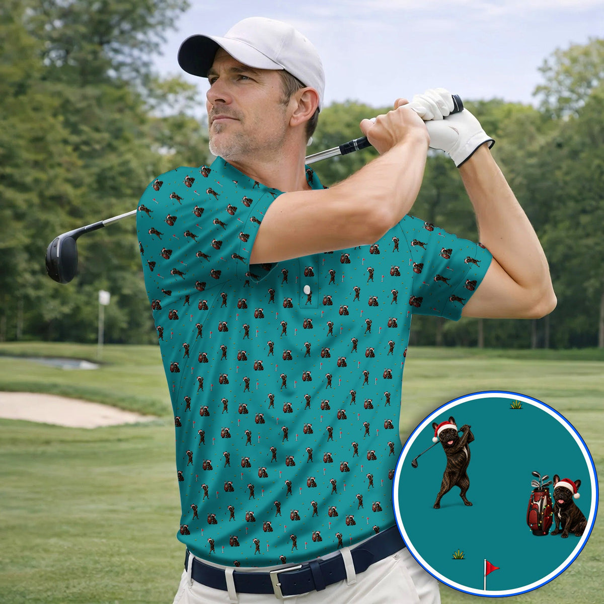 Christmas French BullDog Golfer Polos, Xmas French BullDog Golf Pattern Shirt, Holiday Golf Gift for Golfers