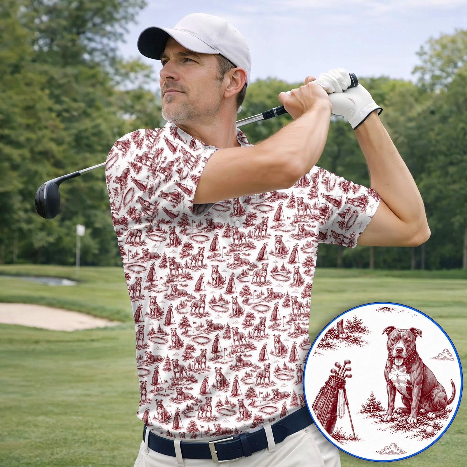 Crazy Pit Bull Golf Polos For Golfer, Toile de Jouy Pit Bull Pattern Golf Shirt, Dog Lover Golf Gift