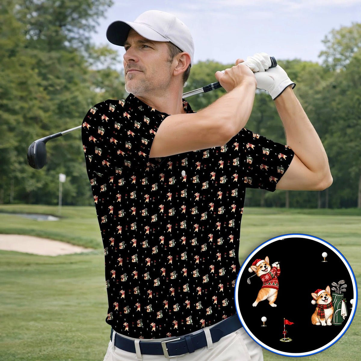 Crazy Corgi Christmas Golf Polos, Xmas Corgi Pattern Golf Shirt, Golf Gift For Golfers