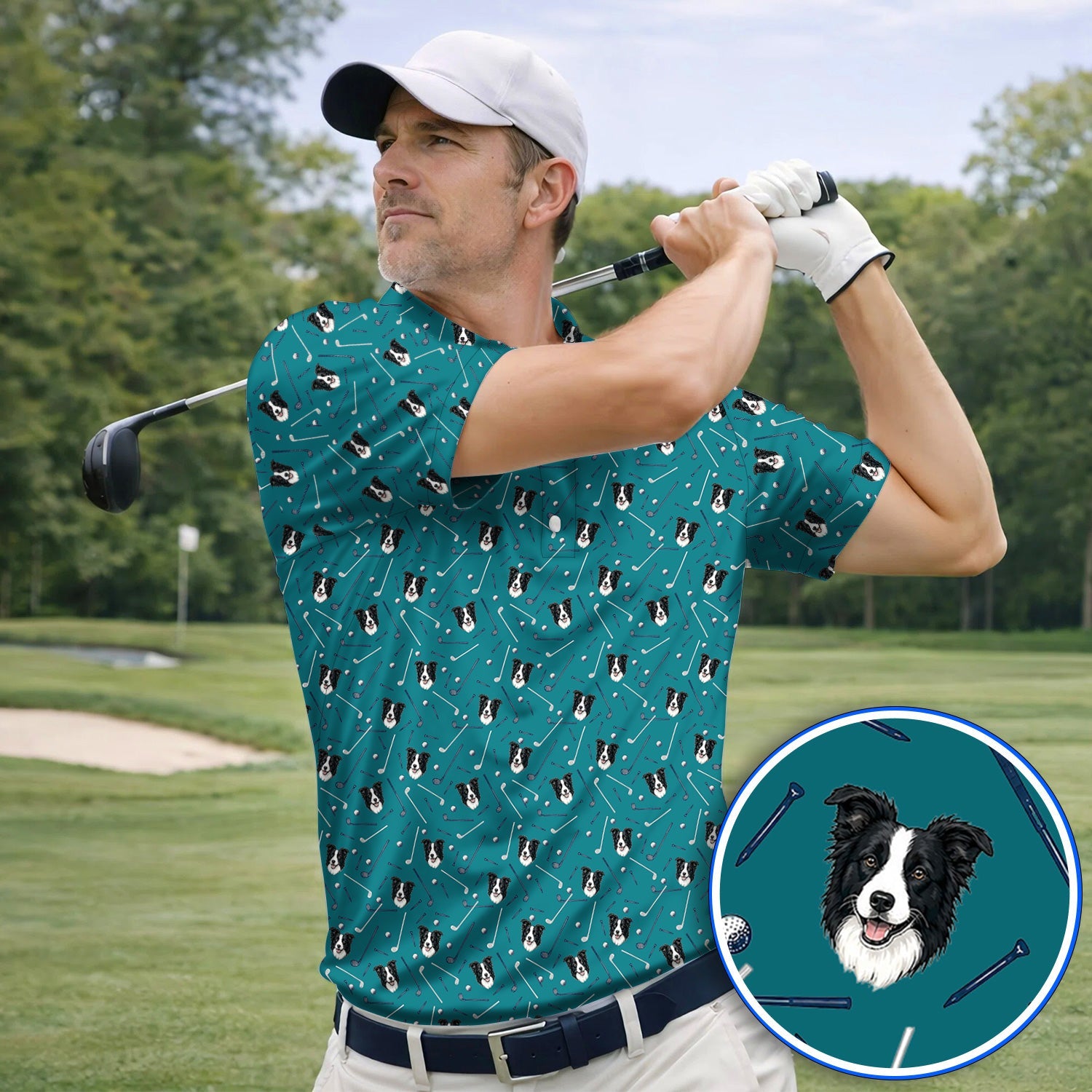 Funny Border Collie Golf Polos, Border Collie Pattern Golf Shirt for Dog Lovers, Golf Gift for Golfer