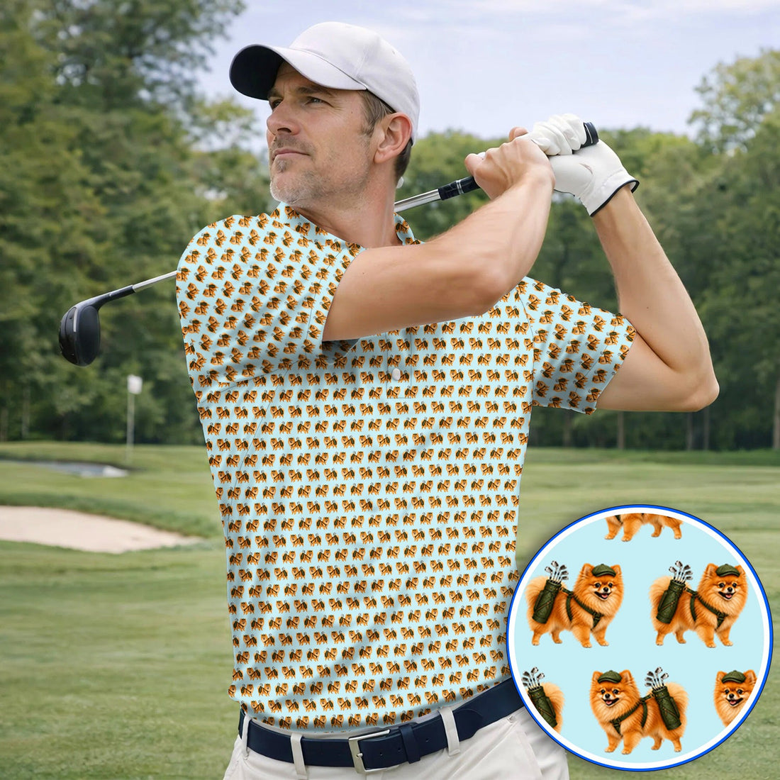 Golden Pomeranian Pattern Golf Polos, Cute Pomeranian Dog Golf Shirt, Funny Golf Gift For Golfer