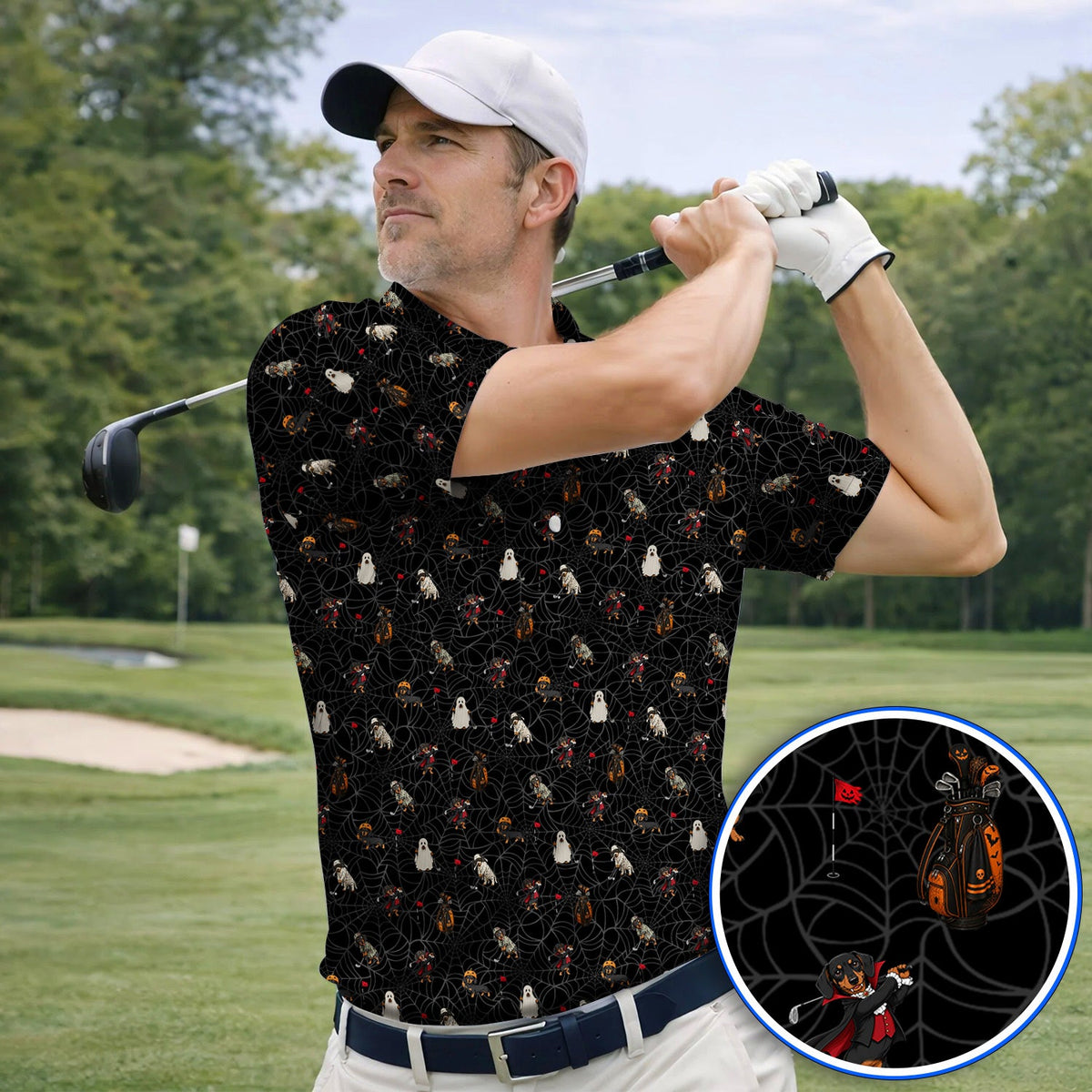 Spooky Dachshund Pattern Golf Polos, Halloween Vampire Wiener Dog Shirt, Crazy Golf Gift For Golfer