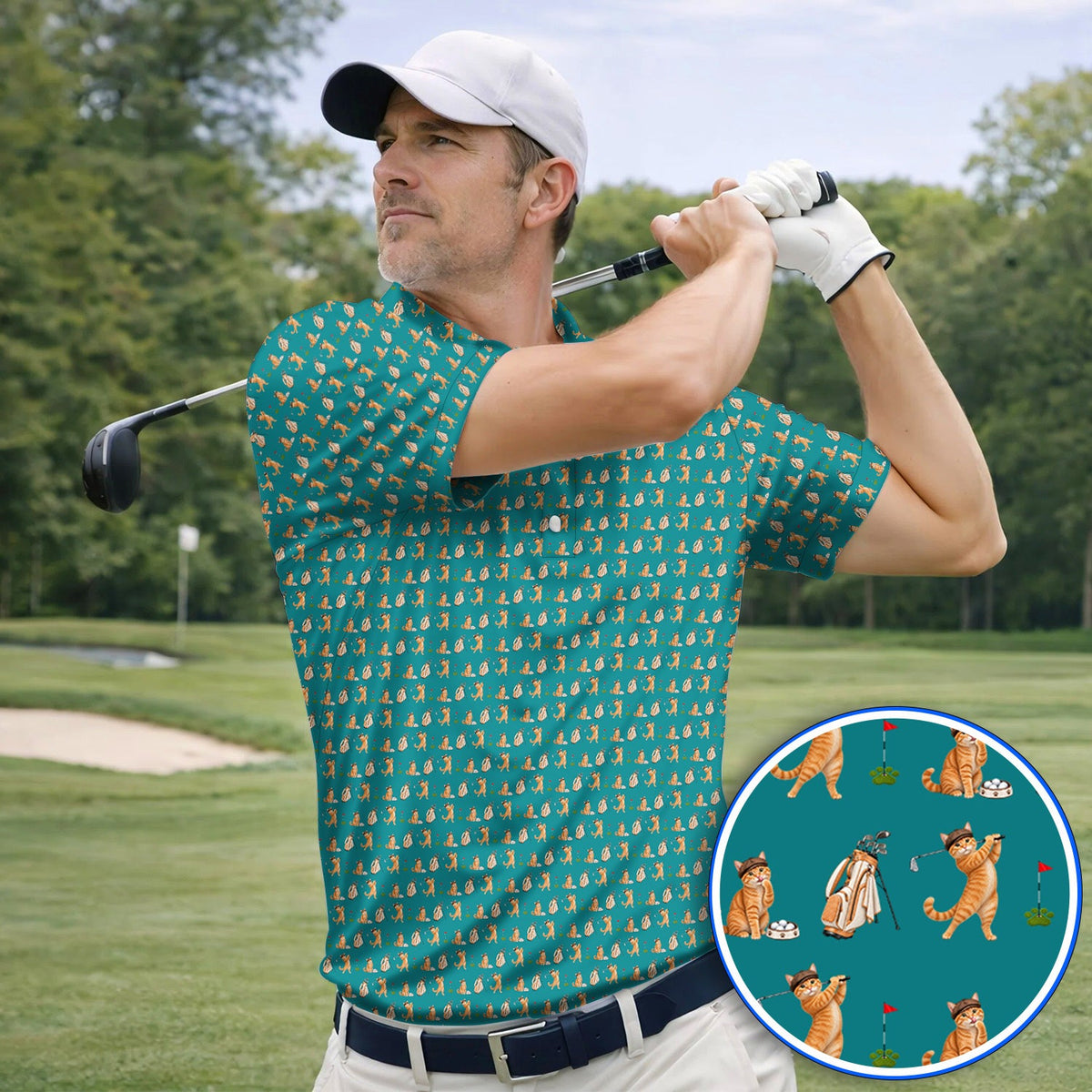 Crazy Orange Cat Golf Shirt, Ginger Cat Playing Golf Pattern Golf Polos, Unique Golf Gift for Cat Lovers