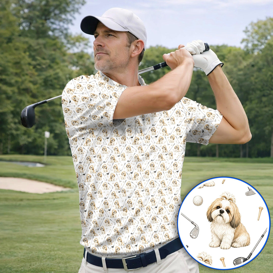 Shih Tzu Golf Shirt, Cute Shih Tzu Pattern Golf Polos, Crazy Golf Gift For Golfer