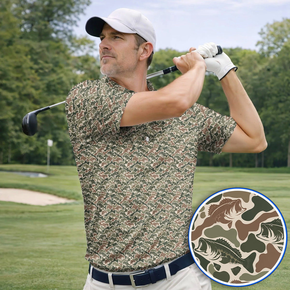 Bass Fishing Camo Pattern Golf Polos, Largemouth Bass Camouflage Golf Shirt, Golf Gift For Golfers