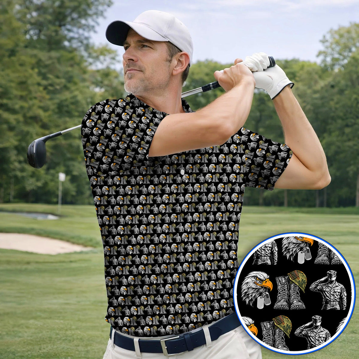 Veteran Eagle Golf Shirt, Military Soldier & Army Tribute Pattern Golf Polos, Patriotic Veterans Day Golf Gift for Golfer