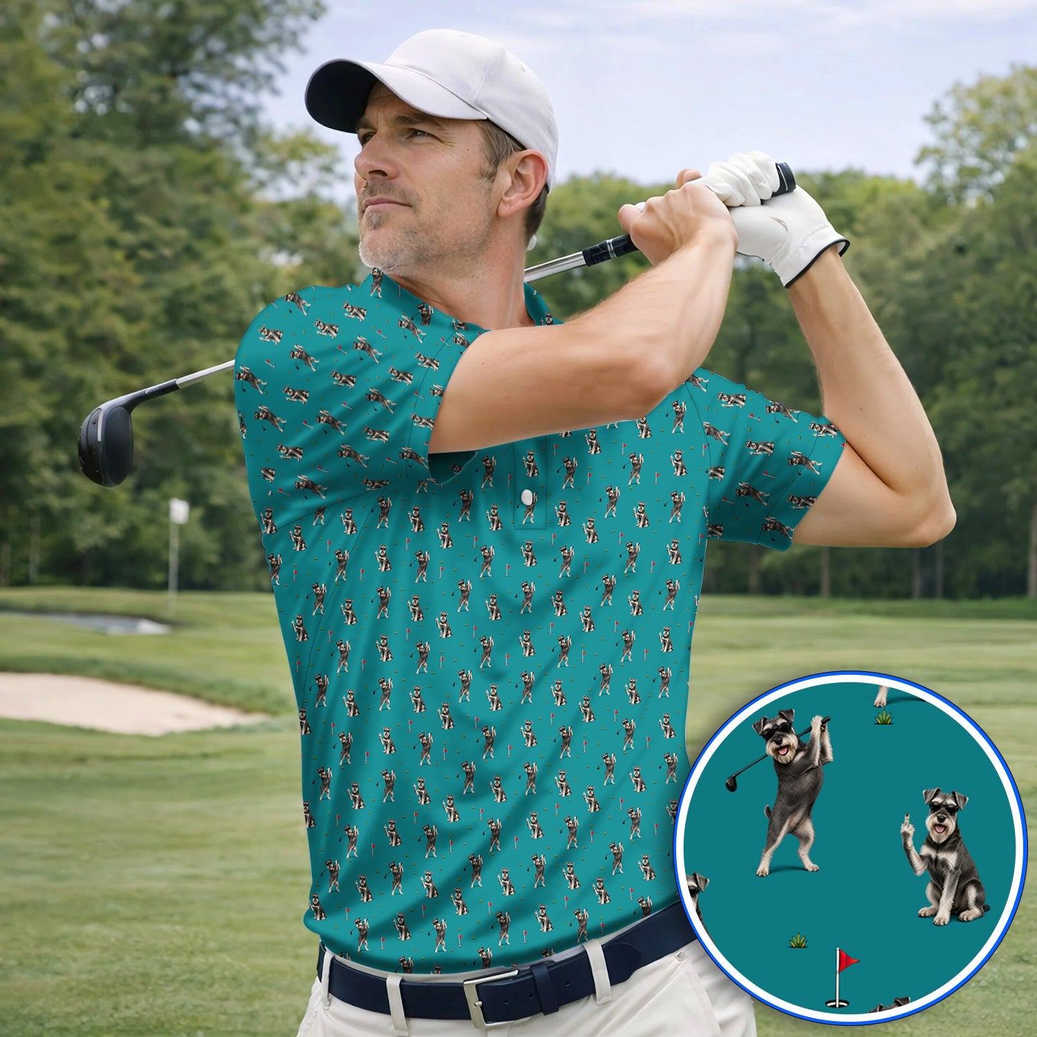 Miniature Schnauzer Golf Polos, Funny Schnauzer Pattern Golf Shirt, Dog Lover Gift For Golfers