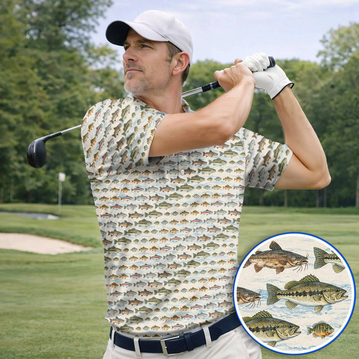 Freshwater Fishing Pattern Golf Shirt, Bass Trout Catfish & Perch Golf Polos, Fishing Gift For Golfer