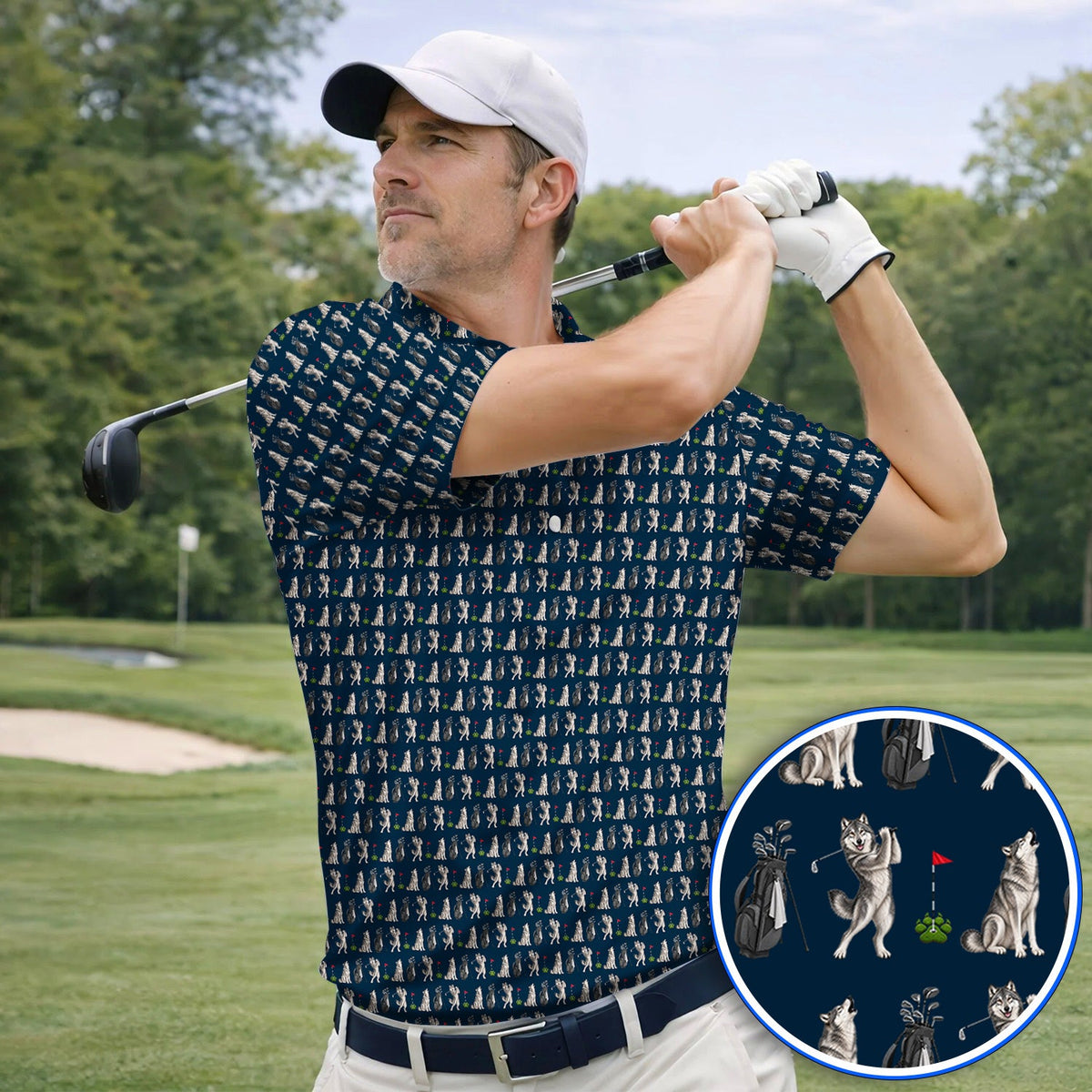 Wolf Golf Polos, Funny Wolf Golf Pattern Shirt, Wildlife Lover Golf Gift for Golfer