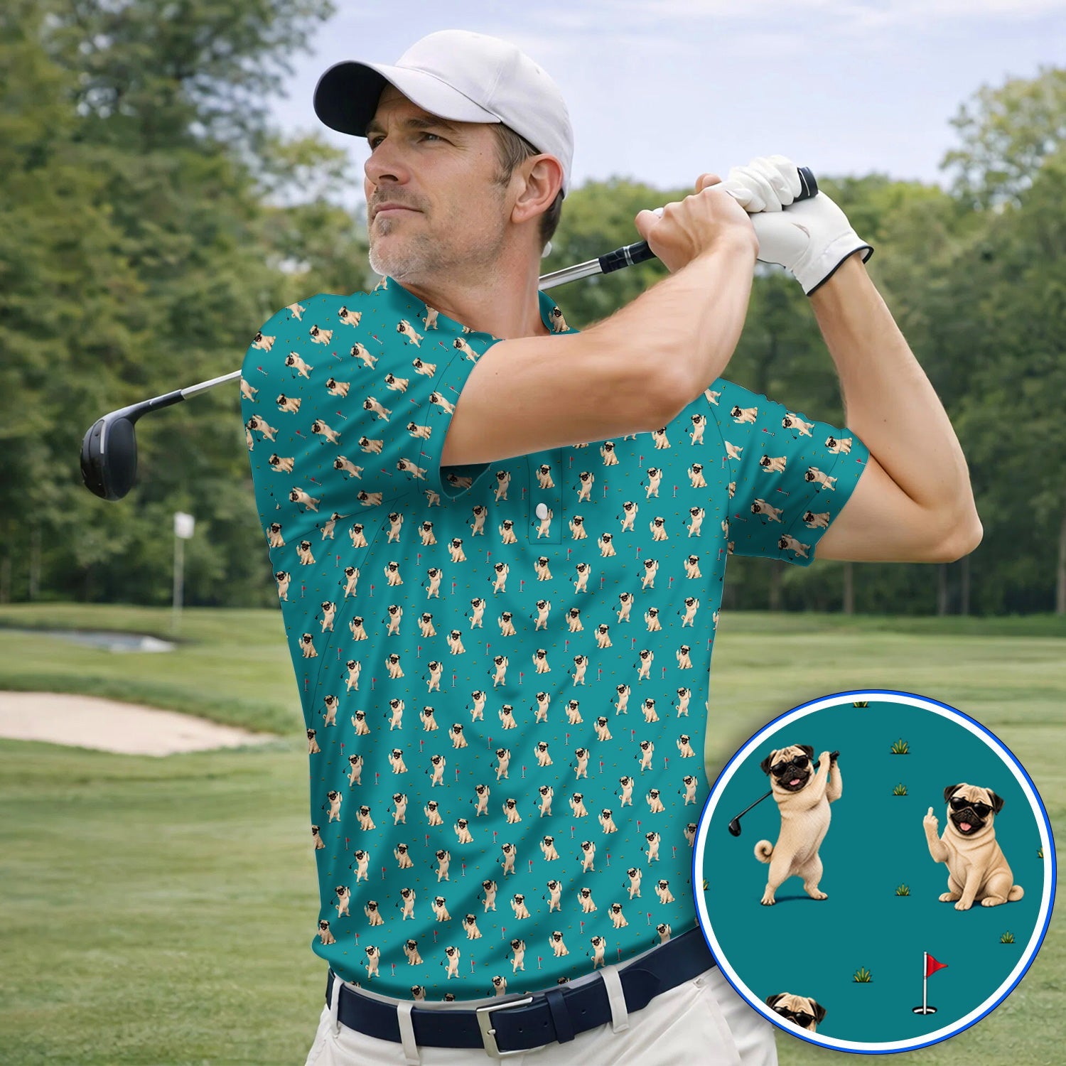 Pug Pattern Golf Shirt, Funny Pug Golf Polos, Crazy Golf Gift For Golfer