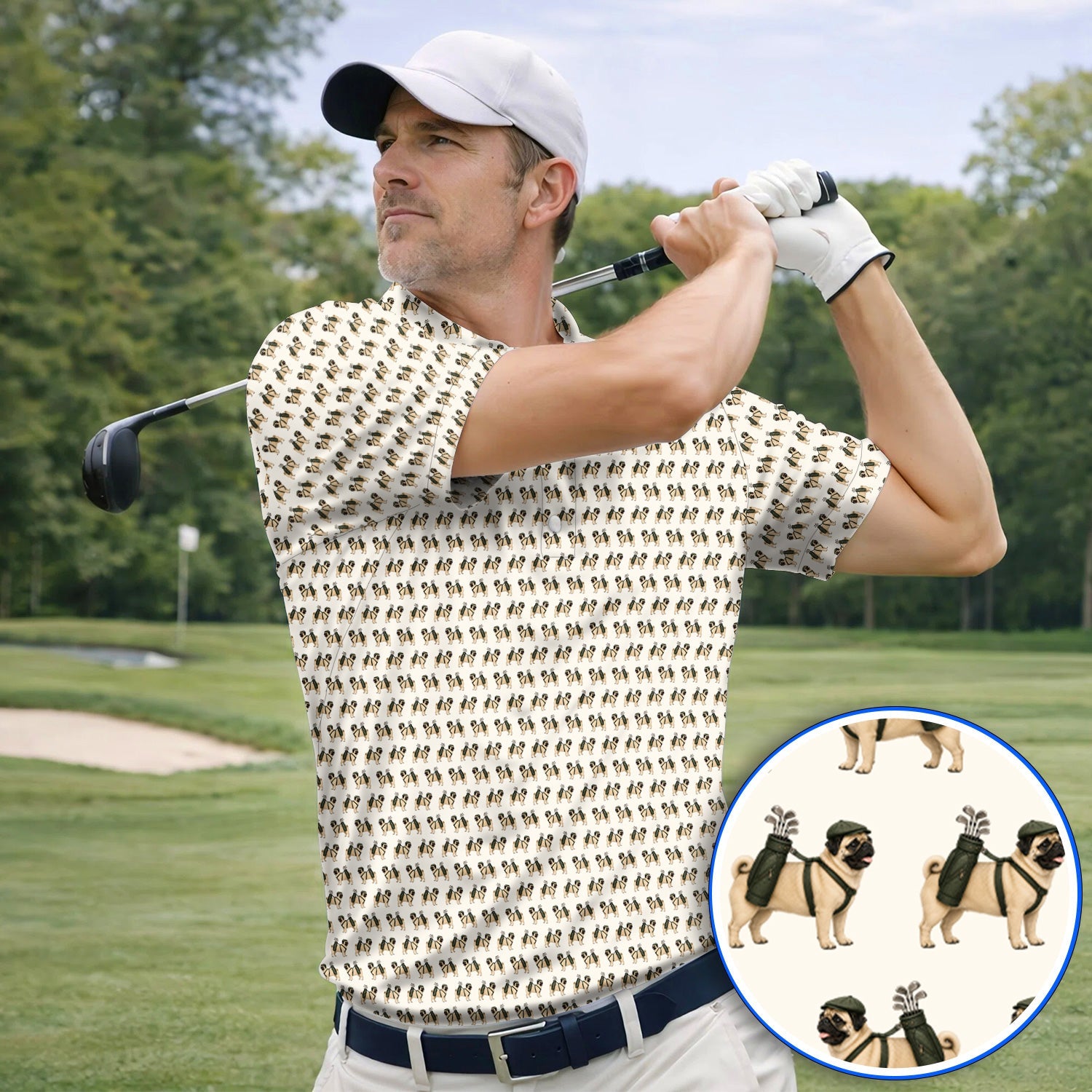 Pug Pattern Golf Polos, Funny Pug Golf Shirt, Dog Lover Golf Gift