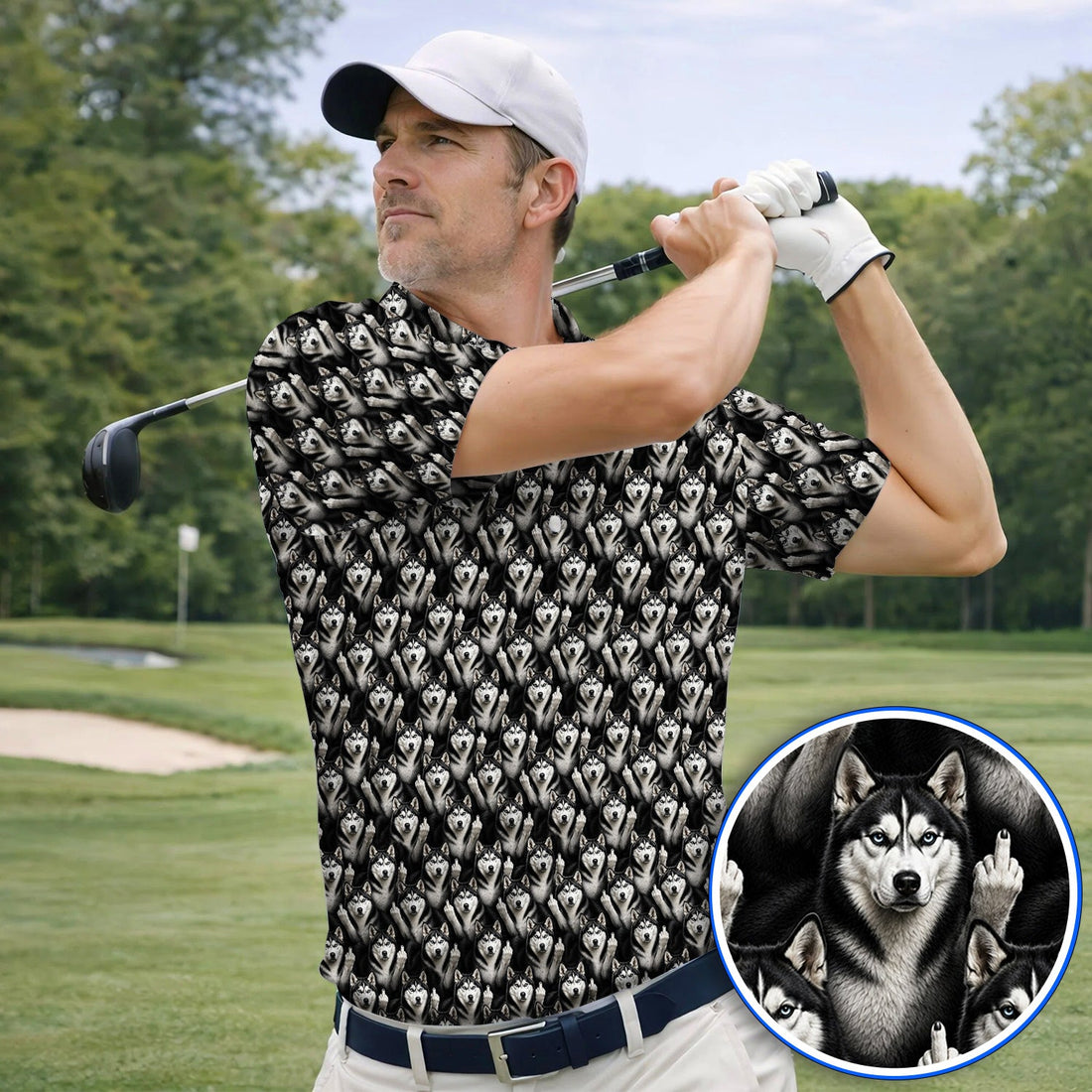 Crazy Husky Sibir Golf Polos, Husky Pattern Golf Shirt For Dog Lover, Golf Gift For Golfer