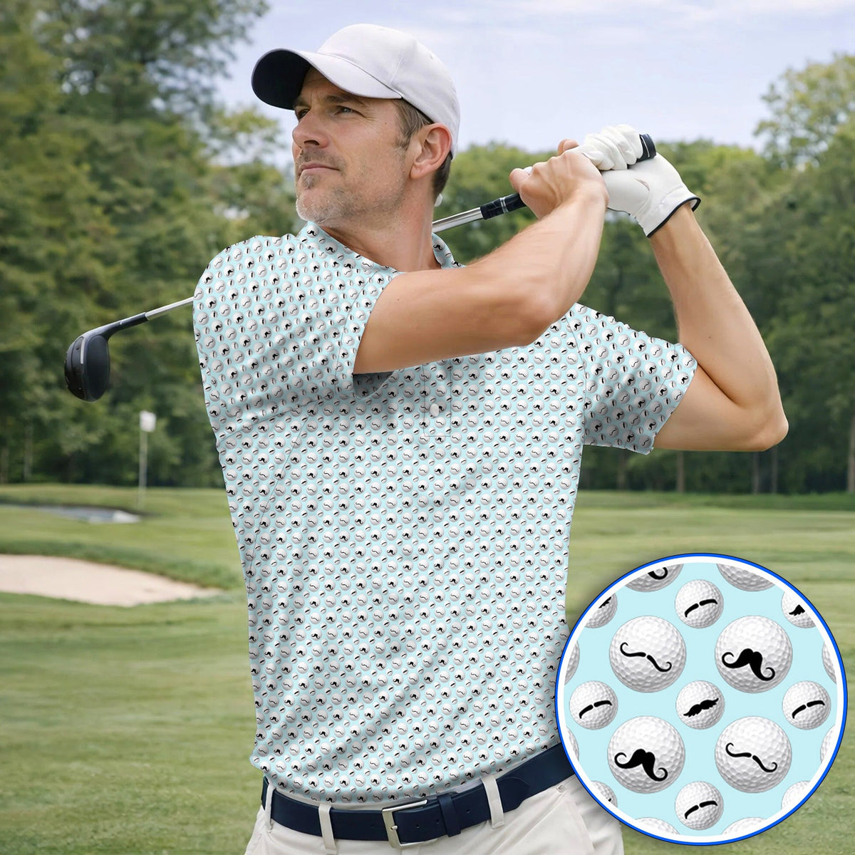 Mustache Golf Ball Polos, Funny Movember Golf Pattern Shirt, Gift for Golfers