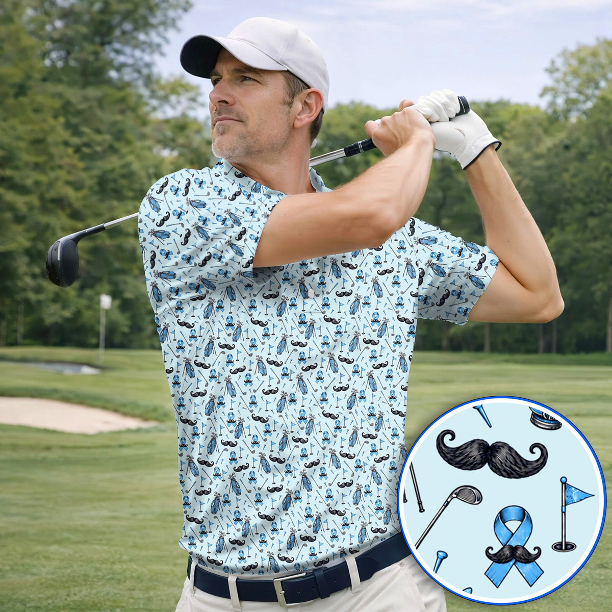 Prostate Cancer Golf Polos, Blue Ribbon Pattern Golf Shirt, Crazy Golf Gift For Golfers