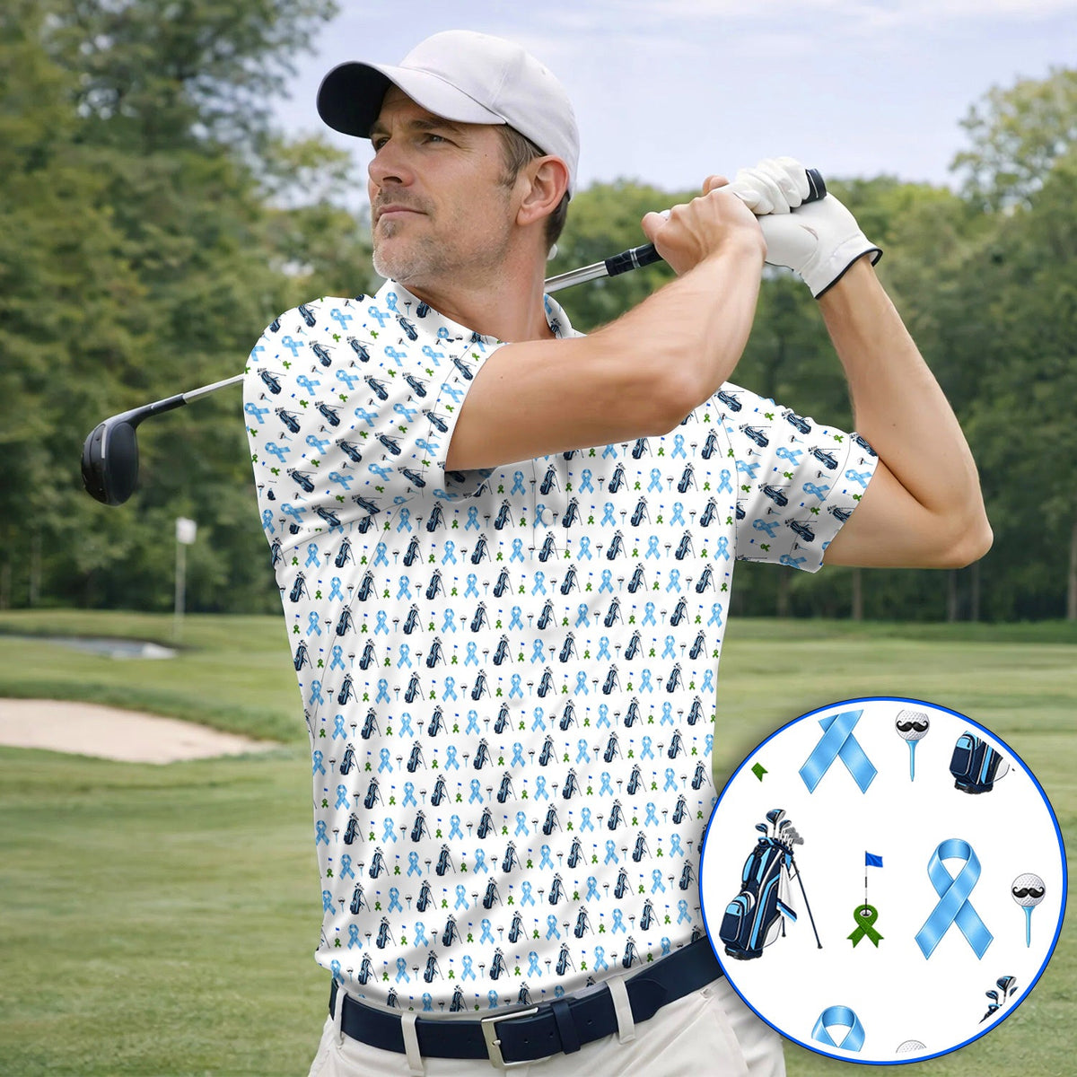Prostate Cancer Awareness Golf Polos, Blue Ribbon Golf Pattern Shirt, Prostate Cancer Support Gift for Golfers