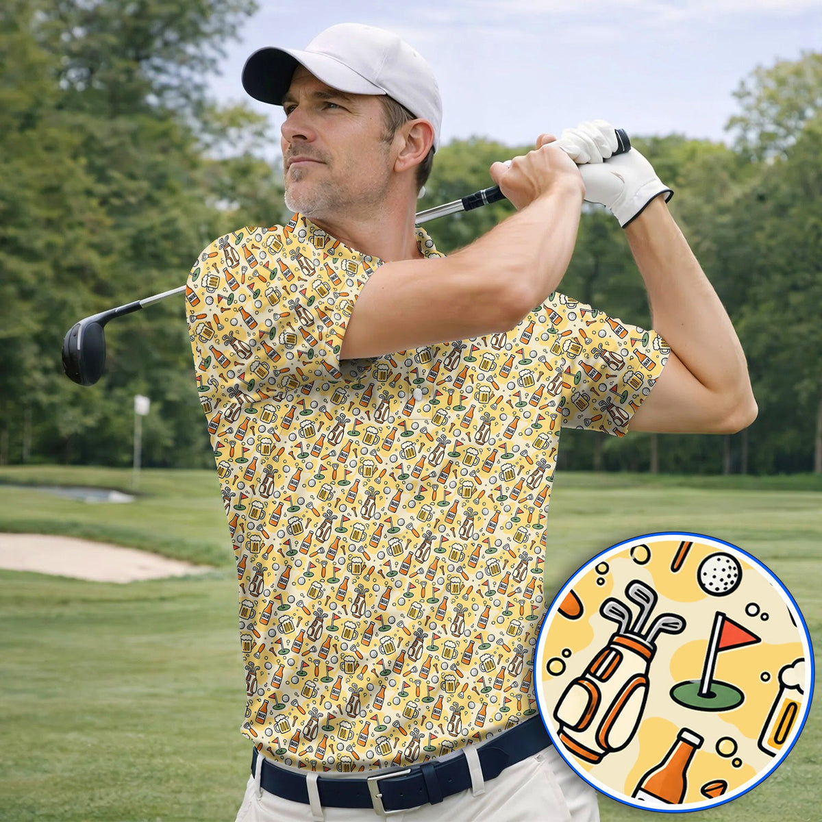 Funny Beer Pattern Golf Shirt, Retro Golf Clubs And Beer Golf Polos, Unique Golfing Gift For Golfers