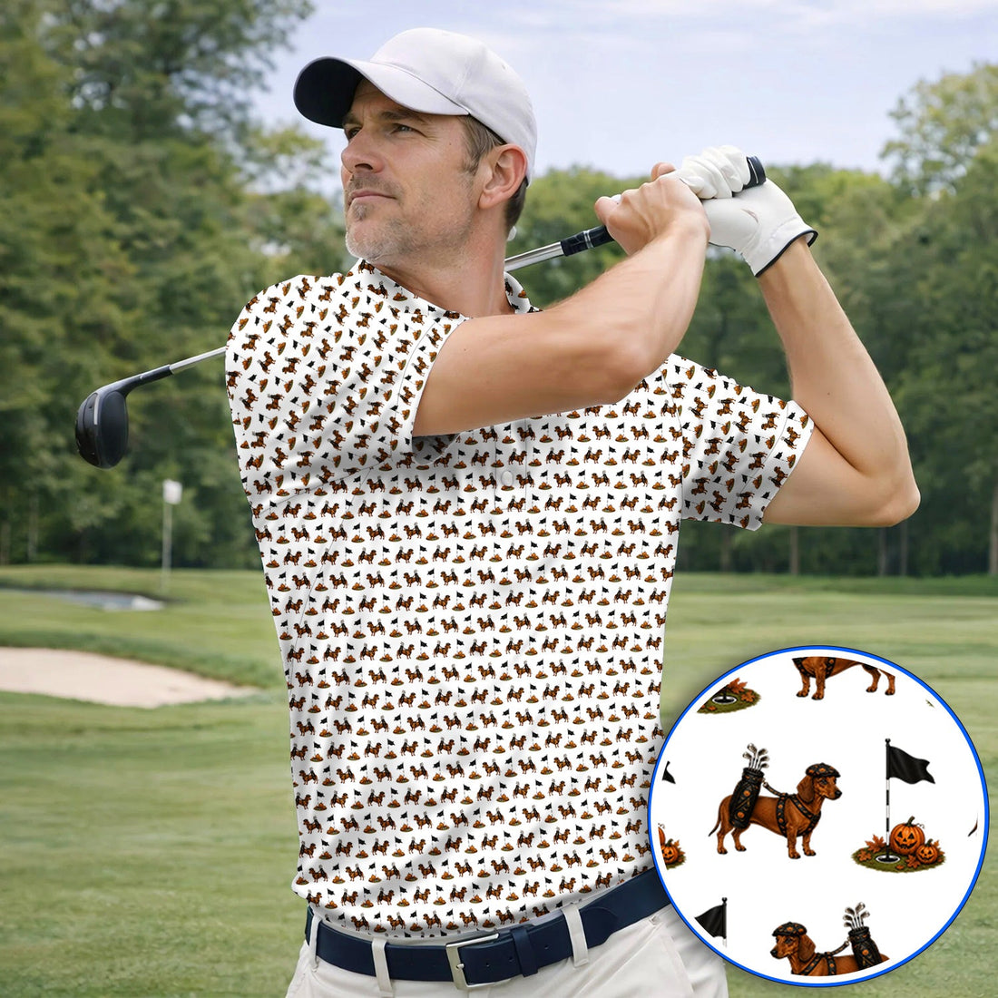Funny Dachshund Golf Shirt, Halloween Wiener Dog Pattern Golf Polos, Golf Gift for Golfer