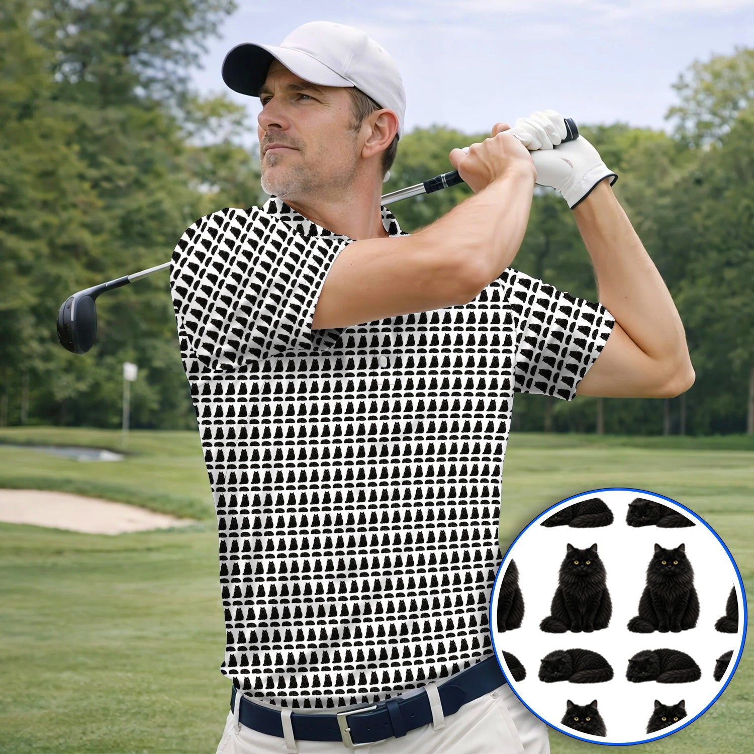 Black Persian Cat Golf Polos, Cute Black Persian Pattern Golf Shirt, Golf Gift for Cat Lovers